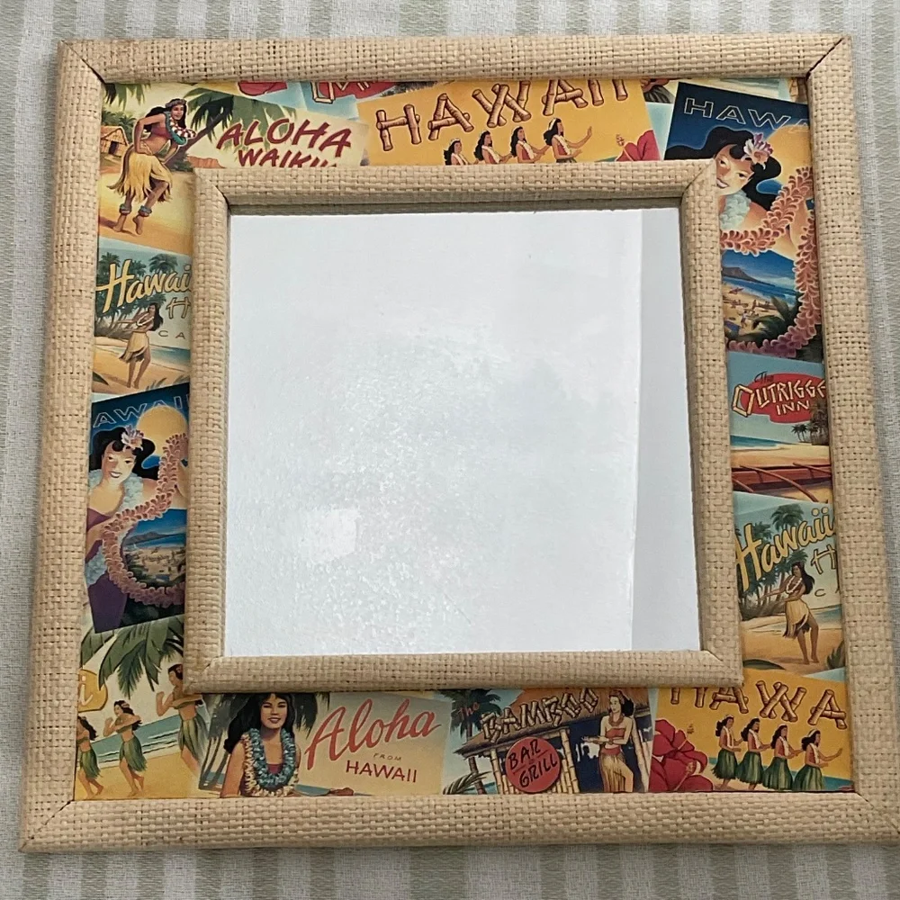 VTG Style Mirror raffia-textured frame Hawaiian Decor Tropical Tiki Bar Boho D